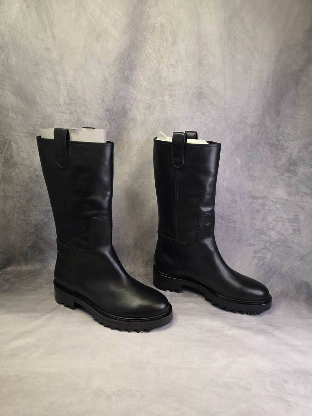Tamara Mellon Easy Rider Black Leather Mid Calf Lug Sole Boots Size 38 *fits 7.5